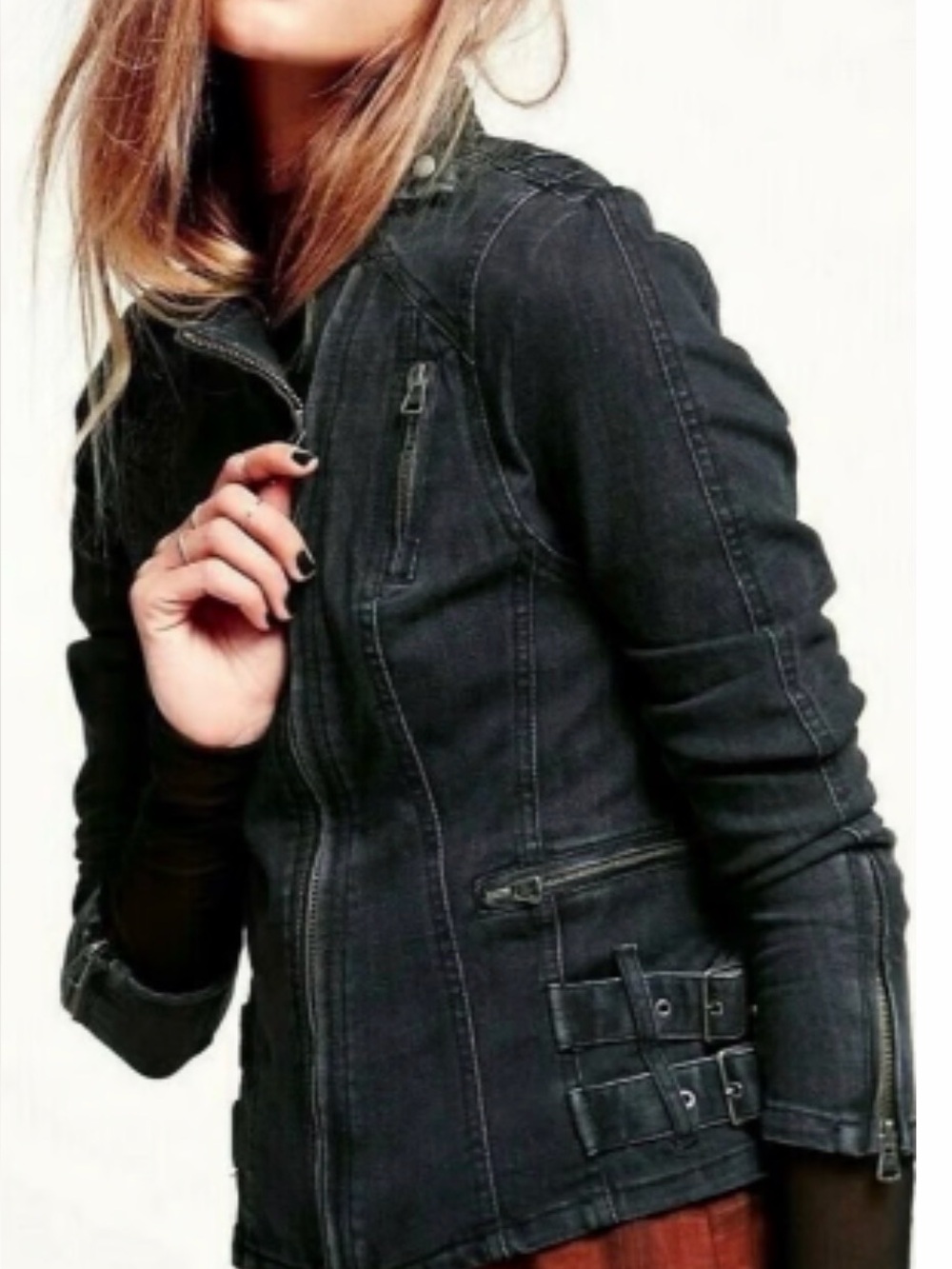 Free People Black Denim Biker Cut Jean Jacket Women Size 6